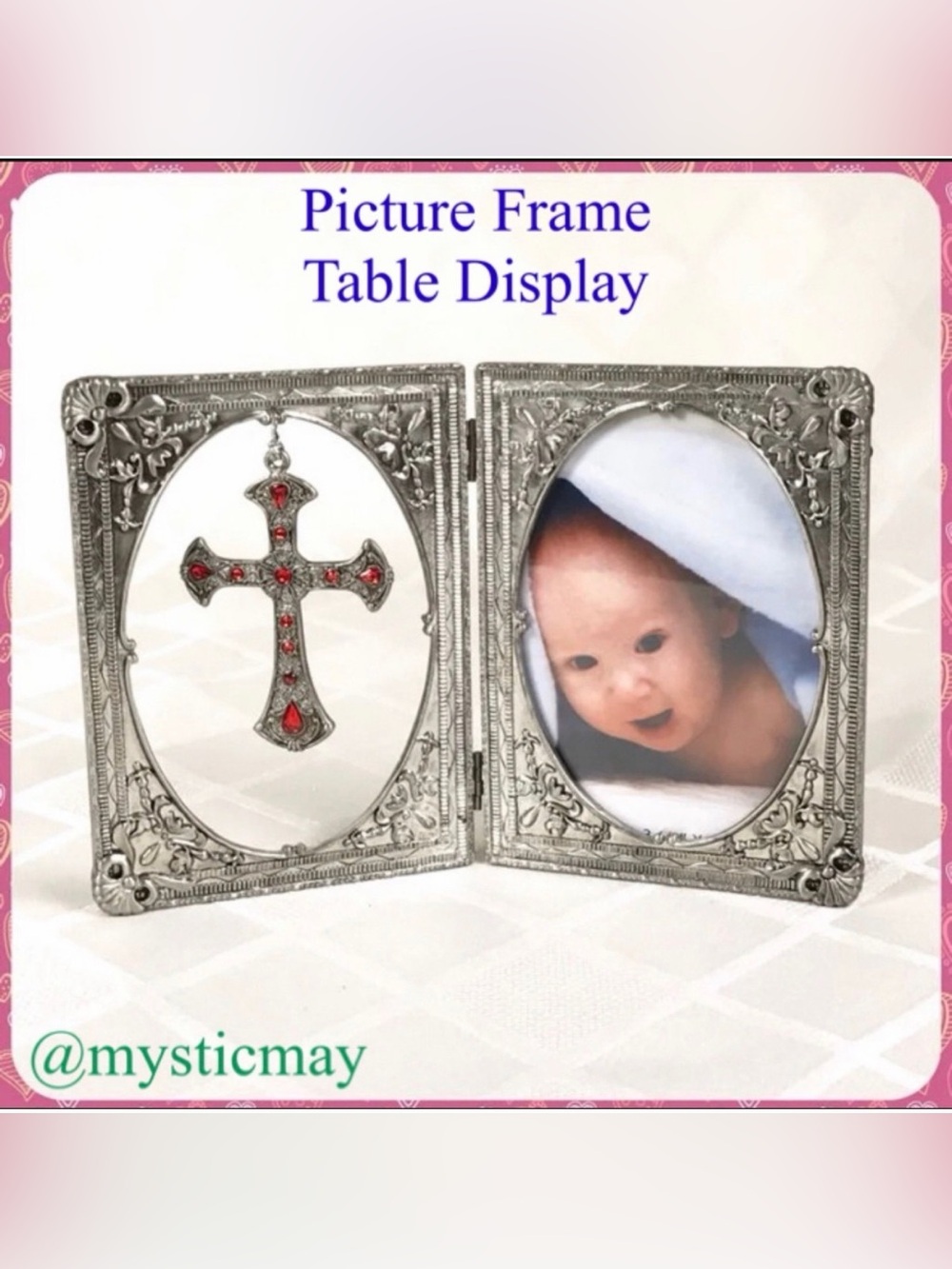 New VINTAGE Y2K Metal Standing Photo PICTURE FRAME w PENDANT CROSS Keepsake Gift